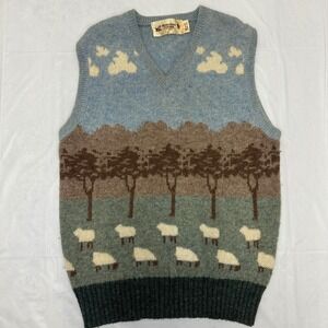 VTG 70s Westmorland Sweater Vest‎ Small Wool Sheep Cloud Landscape Hand frameD